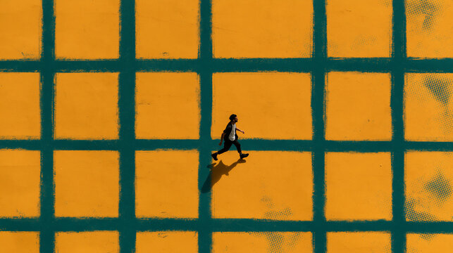 Businessman Walking Across Geometric Grid Pattern