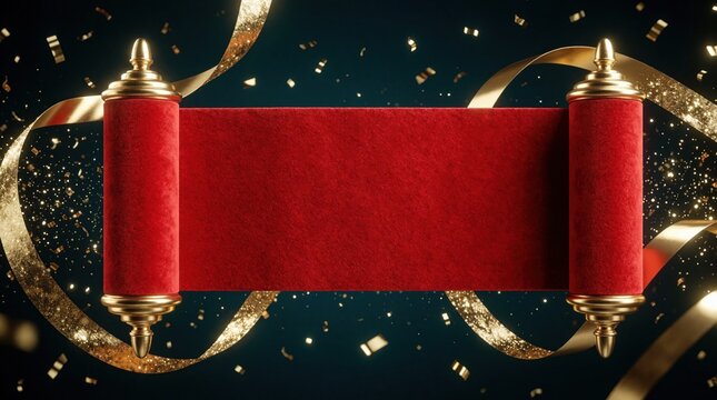 Luxurious red scroll banner unrolls with shiny gold spools on dark background. Elegant velvet paper piece floats in falling sparkling confetti. Festive frame for important awards ceremony