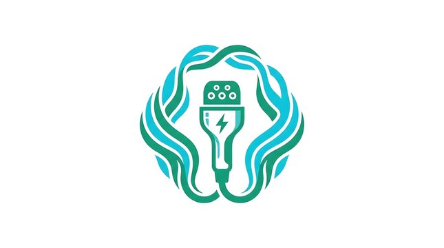 Electric vehicle charging station logo icon with stylized cable and lightning bolt symbol