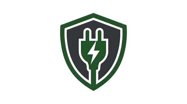 Green energy security shield icon with an electrical plug and lightning bolt symbol