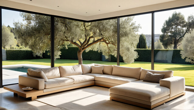 Modern Living Room with Beige Sectional Sofa and Garden View