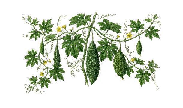 Botanical illustration of a bitter melon plant with fruits, leaves, and yellow flowers isolated on transparent background