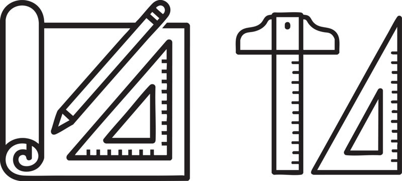 Architectural drafting tool icon set with blueprint paper pencil set square and t-square ruler line art illustration isolated on white