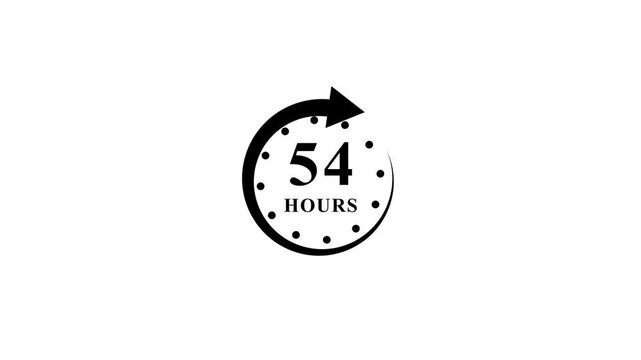 Black motion icon representing fifty four hours of service time on white surface.