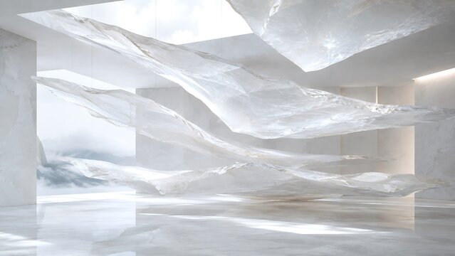 Abstract architectural interior with flowing white parametric forms and soft natural lighting in a modern minimalist space