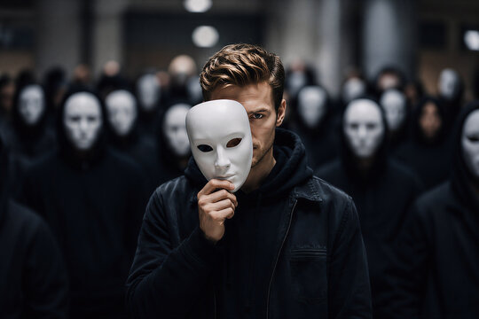 Man holding white mask in front of crowd with anonymous identity concept