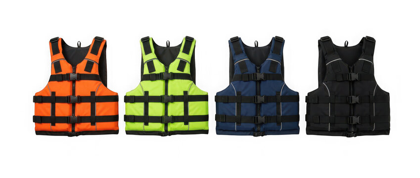 Set of four life jackets in orange, neon green, blue, and black isolated on transparent background