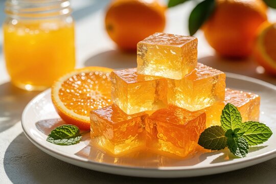 Orange jelly cubes sit on white plate. Fresh citrus fruit slices garnish sweet gelatin dessert. Mint leaves decorate tasty snack. Glass jar with liquid marmalade stands near whole oranges on table.