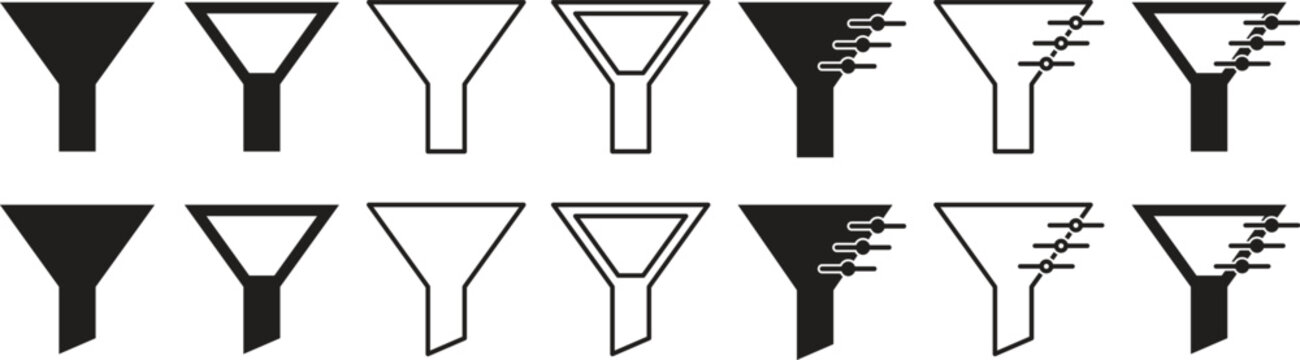 Filter Funnel Vector Icon Set with Sliders for Search Sorting Refinement and Parameters Data Filtering Symbols, and Sales Conversion