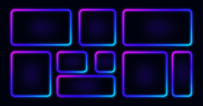 Neon light. Game box frame, square rectangle glow line effect or digital purple led border. 3d retro tech sign. Abstract luminous on dark background, vector shapes isolated decorative set