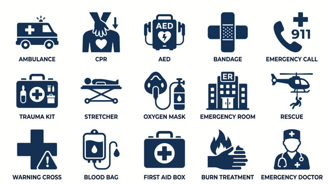 Emergency rescue and first aid services icon set with emergency, ambulance