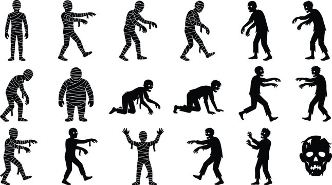 Set of black silhouettes of mummies and zombies in various walking, crawling, and standing poses.