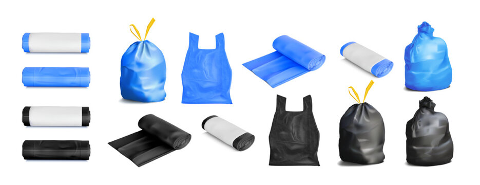 Garbage bag. 3d plastic trash dustbin, biodegradable sack icon or roll package. Clear recycling carrier. Household cleaning and packaging supplies for bins. Vector realistic isolated set