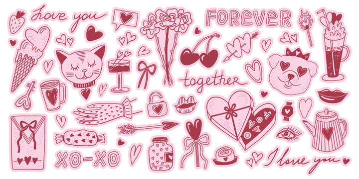 Love stickers. Cute doodle heart day, cat and dog graphic symbol or whimsical hand drawn sweet elements. Flowers, gifts, sweets and romantic phrases lettering. Vector flat style icons set