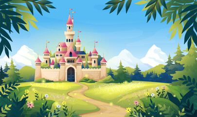 Naklejka premium Forest background. Magic medieval prince kingdom, cartoon fairytale scene, fairy tale tree game landscape in old day. Princess fantasy storytelling backdrop. Vector storybook illustration