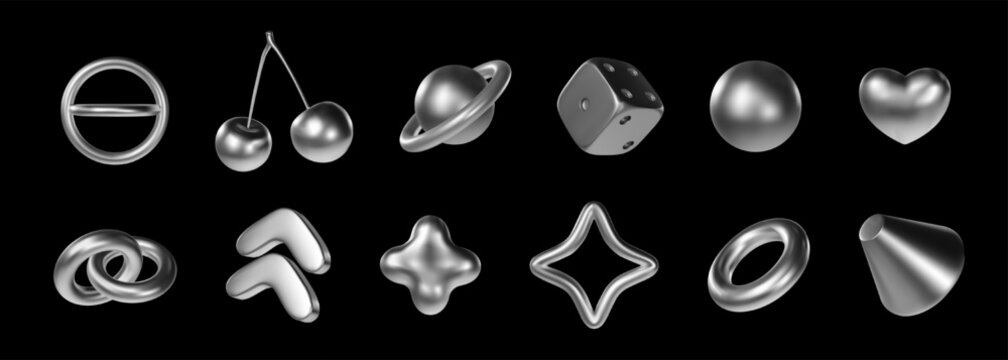 3d chrome icons. Y2k metal star, abstract silver shapes or liquid gradient graphic for design. Holographic sparkle futuristic effect. Cherry, heart and love rings. Game dice. Vector elements