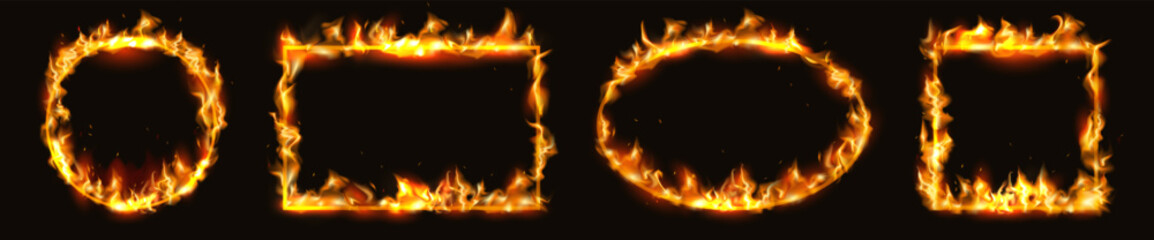 Fire frame. Circle flame border, realistic round blaze hoop with 3d rectangular edge. Fantasy graphic rectangle or oval. Dramatic design elements for visual composition. Vector realistic set © SpicyTruffel