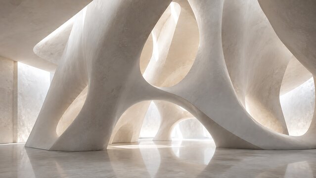 Abstract architectural structure with organic curved shapes and soft white lighting in a modern minimalist interior space