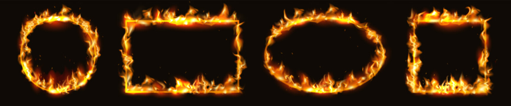 Fire frame. Circle flame border, realistic round blaze hoop with 3d rectangular edge. Fantasy graphic rectangle or oval. Dramatic design elements for visual composition. Vector realistic set