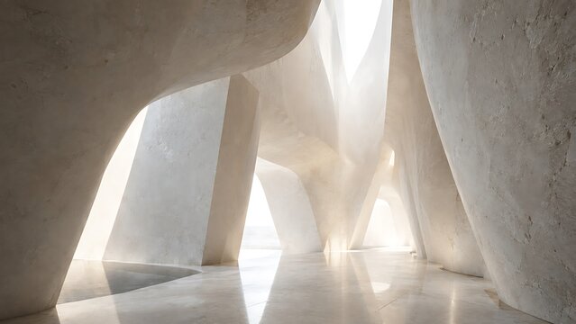 Modern architectural interior with organic curved concrete walls and bright natural light streaming from above