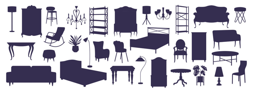 Modern design icons. Mid century home interior, armchair sofa or chair objects for vintage black room lounge. Storage and lighting. Black silhouettes assortment. Vector isolated illustration