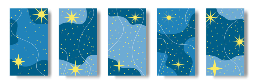 Abstract starry panels set. Minimal celestial backgrounds with yellow stars, dotted sky, vertical templates for modern seasonal graphic. Vector cartoon flat style isolated flyer illustration