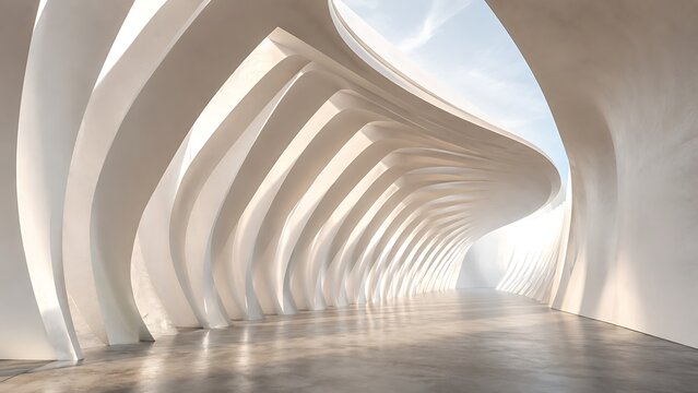 Modern architectural interior with curved white concrete pillars and bright natural light creating a futuristic hallway perspective