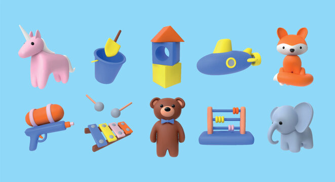 3d toys. Kid objects and animals, baby room elements or child house playroom. Submarine and rocket. Fun and play realistic pastel plastic nursery render isolated element vector toddler set