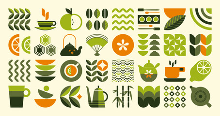 Obraz premium Tea pattern. Nature plant leaf, organic food brand element or abstract geometry mosaic flower composition. Fresh grain. Green eco drink. Logotype and emblems design. Vector background