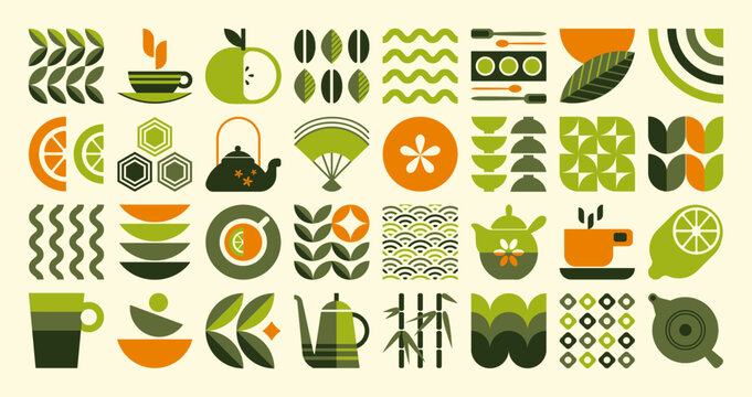 Tea pattern. Nature plant leaf, organic food brand element or abstract geometry mosaic flower composition. Fresh grain. Green eco drink. Logotype and emblems design. Vector background