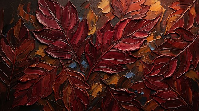 Abstract oil painting featuring deep red autumn leaves with heavy impasto texture and warm golden background tones