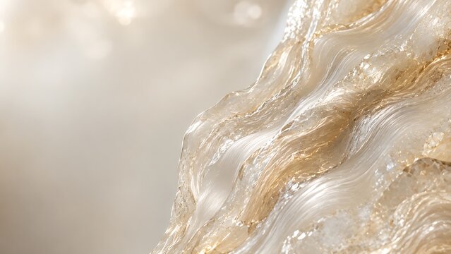 Abstract background featuring soft light reflections on crumpled transparent plastic foil with a warm golden hue