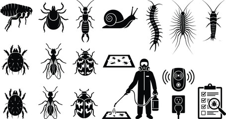 Set of black silhouette featuring various household pests, insects, pest control worker, ultrasonic repeller, and inspection checklist © Graphic Seller