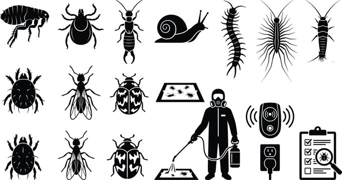 Set of black silhouette featuring various household pests, insects, pest control worker, ultrasonic repeller, and inspection checklist