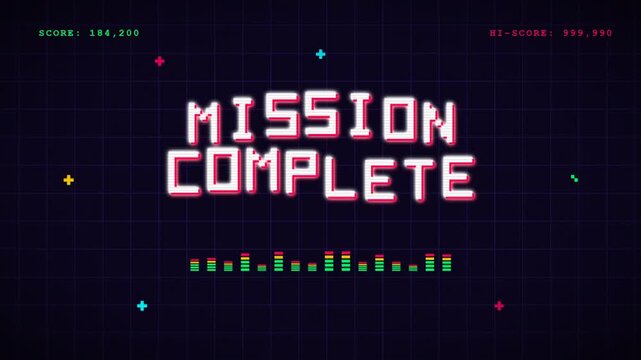 Mission Complete Retro Arcade Victory in Neon Pixel Graphics.