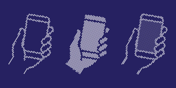 Retro pixel art smartphone icons, hand holding mobile phone set in 8-bit style, purple digital device vector illustrations for gaming UI