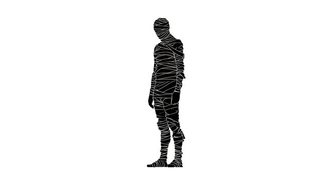 A solitary figure, fully encased in bandages, stands ominously against a stark white background. The mummy-like wrappings obscure the individual's identity, creating an air of mystery and unease
