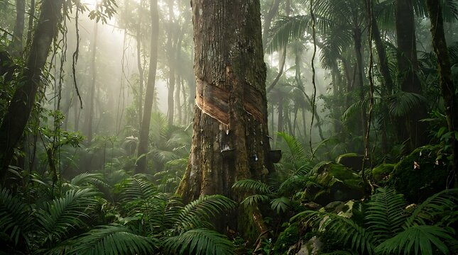 A mature copaifera officinalis tree trunk with an active resin harvest incision in a lush, misty tropical rainforest