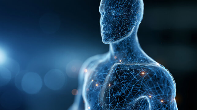 3D wireframe rendering of a male human torso and head, technology and science visualization concept, with copy space
