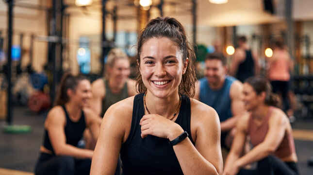 Confident and cheerful fitness woman in activewear posing in a gym with blurred background of exercising people.