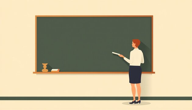 Teacher writing on a chalkboard with a focused expression in a minimalist classroom