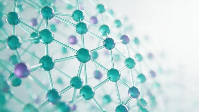 Abstract illustration of connected molecular network in teal and blue tones, science and biotechnology concept background