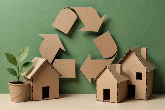 Cardboard recycle symbol above paper model houses, small green plant on green surface. Eco friendly housing concept with recyclable material homes. Sustainable living, zero waste lifestyle visual