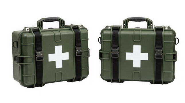Two green tactical medical equipment cases isolated on transparent background