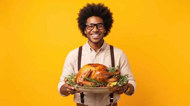 Happy young man with afro hairstyle wearing suspenders holding a roasted turkey for thanksgiving dinner celebration