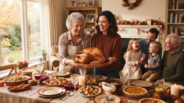 Multi generational family gathering around a festive dining table to celebrate thanksgiving with a roasted turkey dinner