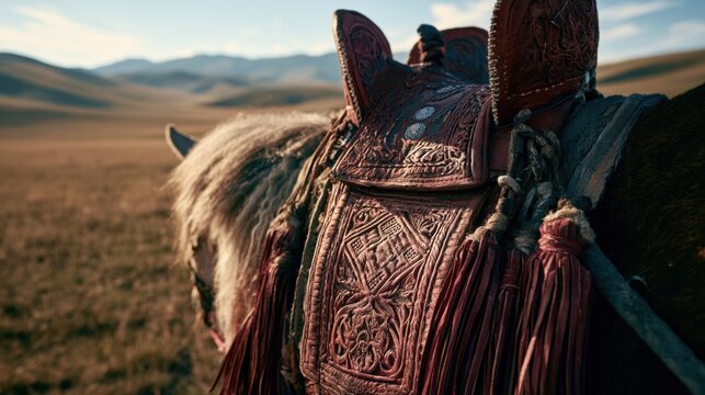Mongolian Horse Saddle: A close-up of an ornate saddle on a horse's back, set against the backdrop of the vast, rolling steppe under a clear sky. Evokes a sense of nomadic heritage and freedom.