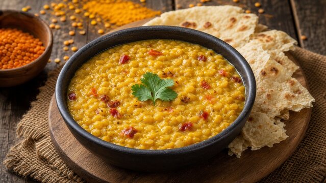 Golden lentil dal with cilantro and flatbread in a rustic bowl