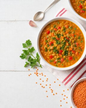 Colorful lentil vegetable soup in a white bowl with copy space