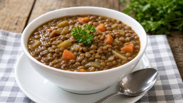 Hearty brown lentil soup with carrots and herbs on a rustic table